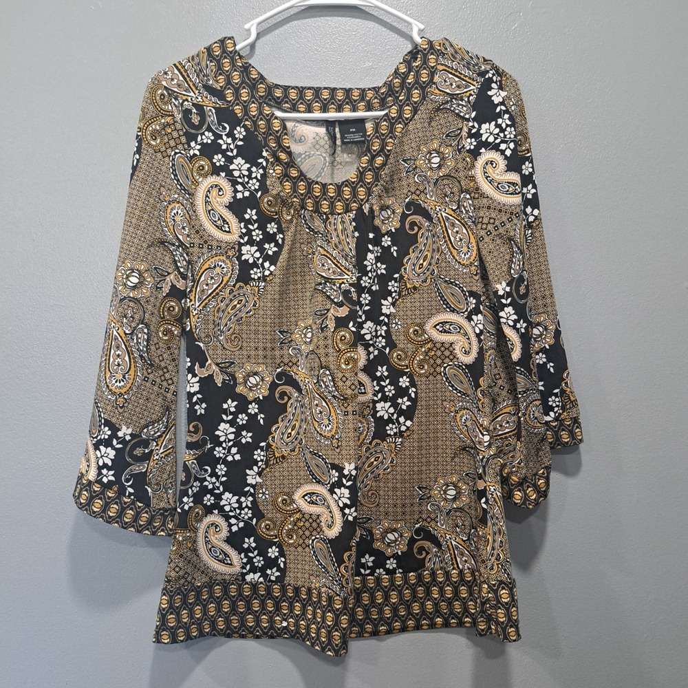 New Directions Petite Womens Black Gold Paisley‎ 3/4 Sleeve Blouse Top PM